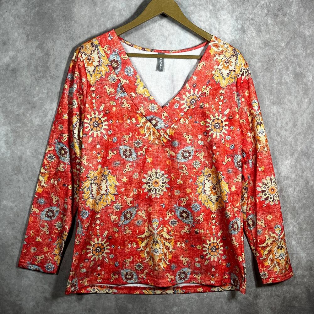 Noracora Top Womens Large Orange Floral Long‎ Sleeves V-Neck Casual Pullover